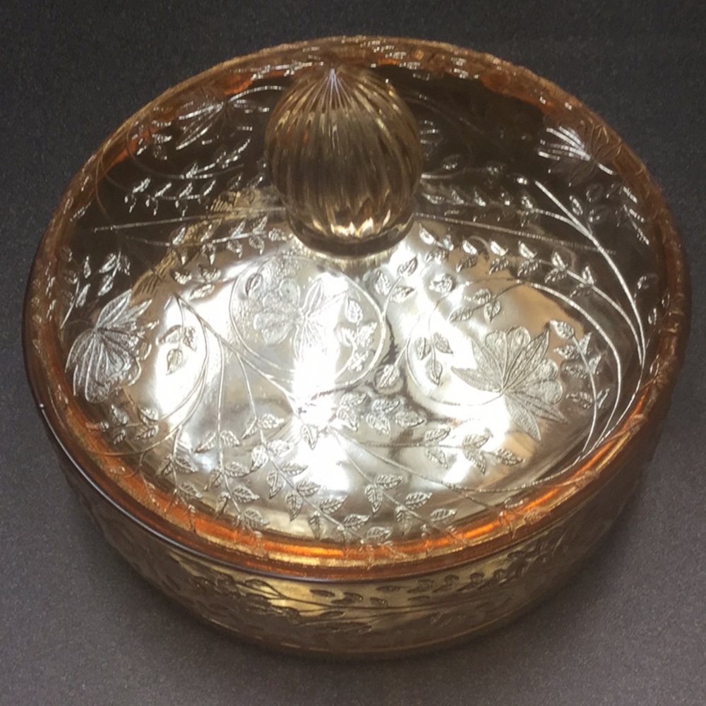 Jeannette Depression Glass Floragold Covered Bowl
